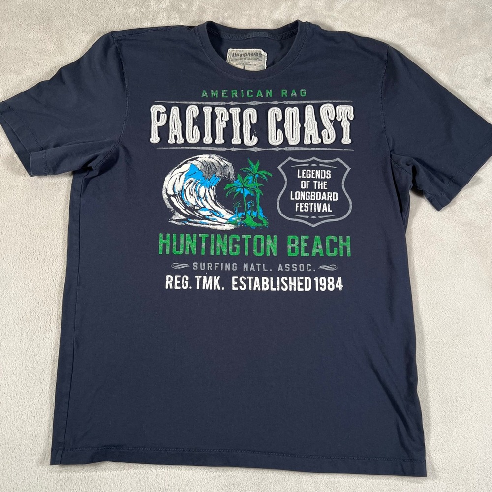 American Rag Pacific Coast Huntington Beach Graphic T-Shirt Navy Blue Mens Large